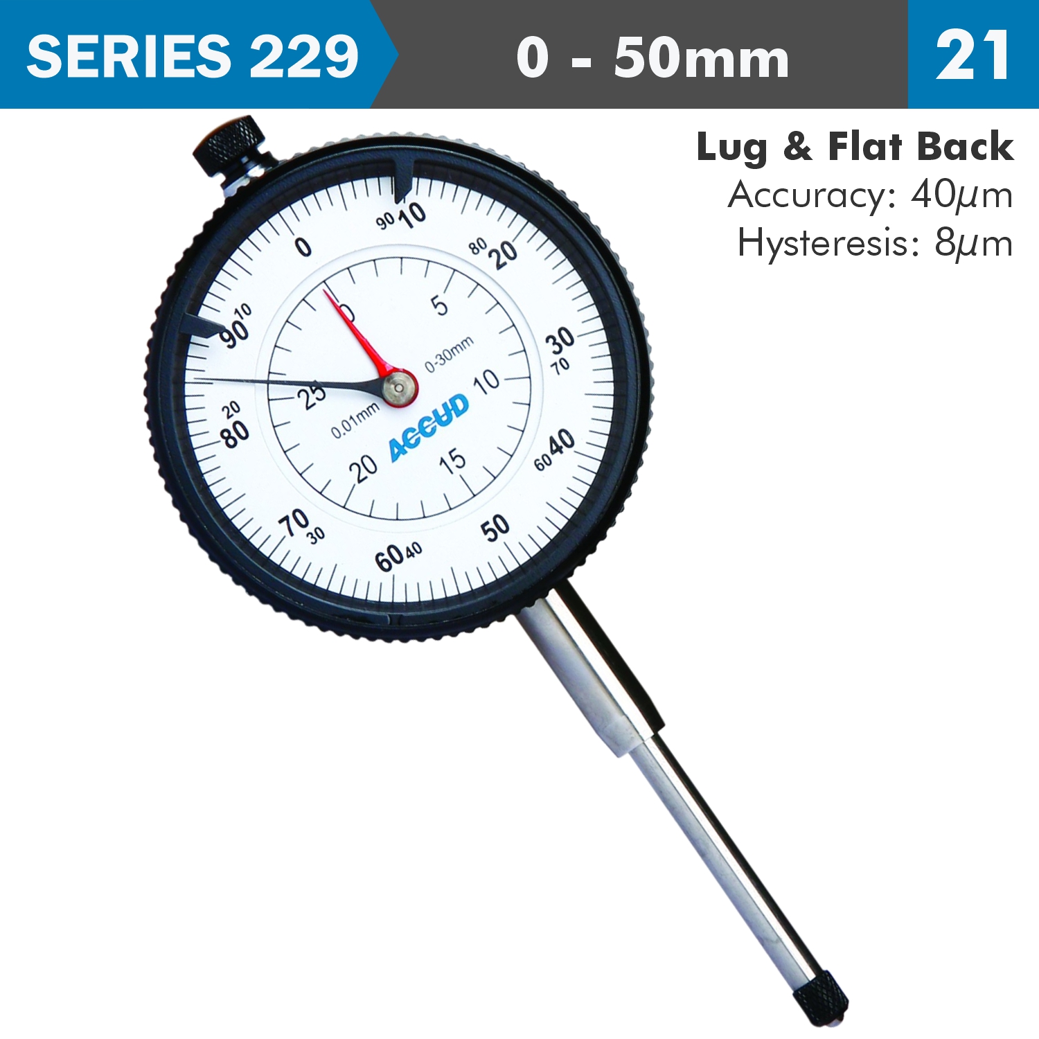 DIAL INDICATOR 50MM 0.01MM GRAD. LUG&FLAT BACK
