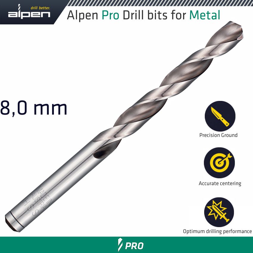 ALPEN PRO HSS DRILL DIN 338 RN 135 WITH SPLIT POINT 8.0MM BULK