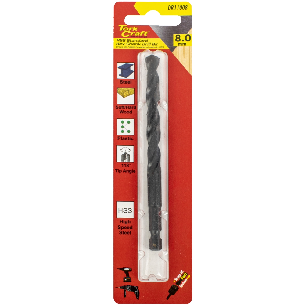 DRILL BIT HSS STANDARD 8.0MM HEX SHANK 1/CARD