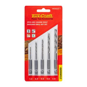 DRILL BIT SET 5PCS HSS HALF GROUND HEX SHANK 1.5/2.5/3/4/5MM POLISHED