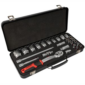 SOCKET & RATCHET SET 27PC 1/2' DR CRV 8-32MM 12 POINT METAL CASE