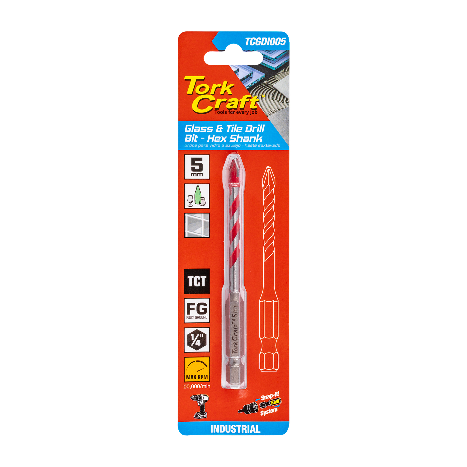 GLASS & TILE DRILL 5MM HEX SHANK INDUSTRIAL