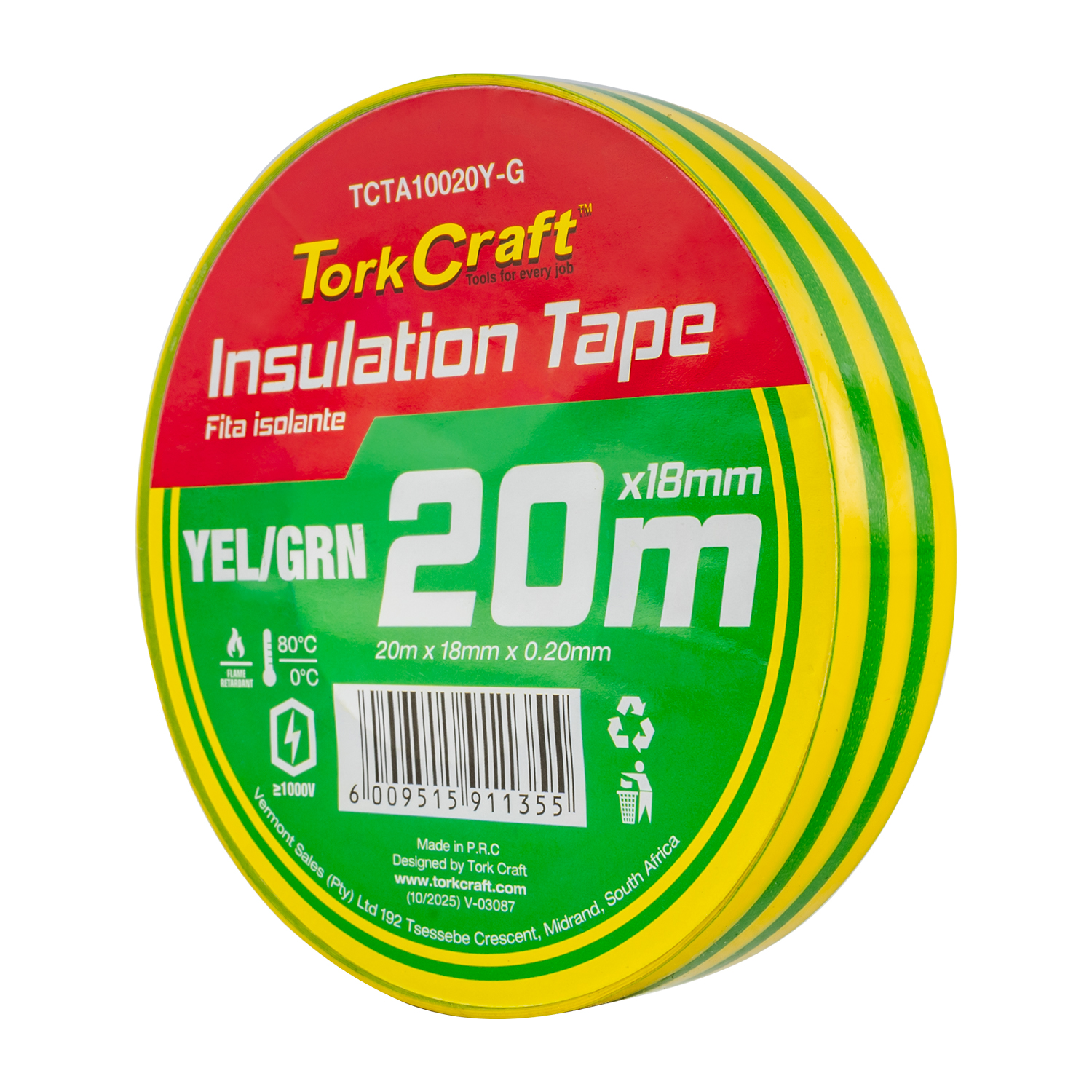 0.20MMX18MMX20M YELLOW AND GREEN INSULATION TAPE